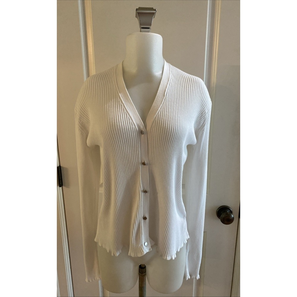 VINCE Cotton Ribbed Button Front Cardigan V- Neck White Size L Ruffle Hem